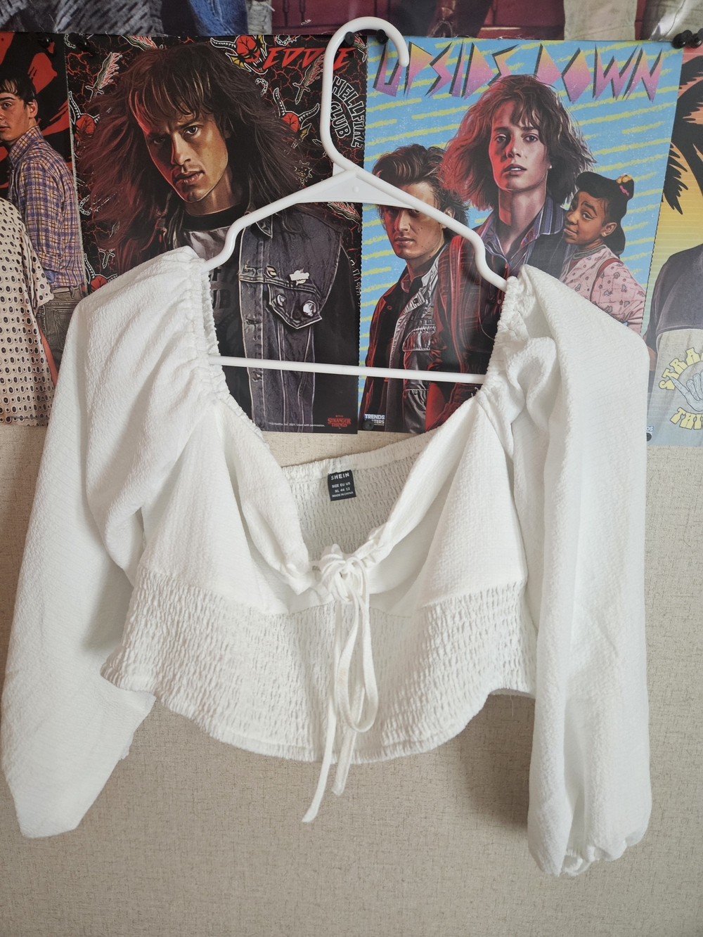 SHEIN White Smocked Tie-Front Peasant Crop Top